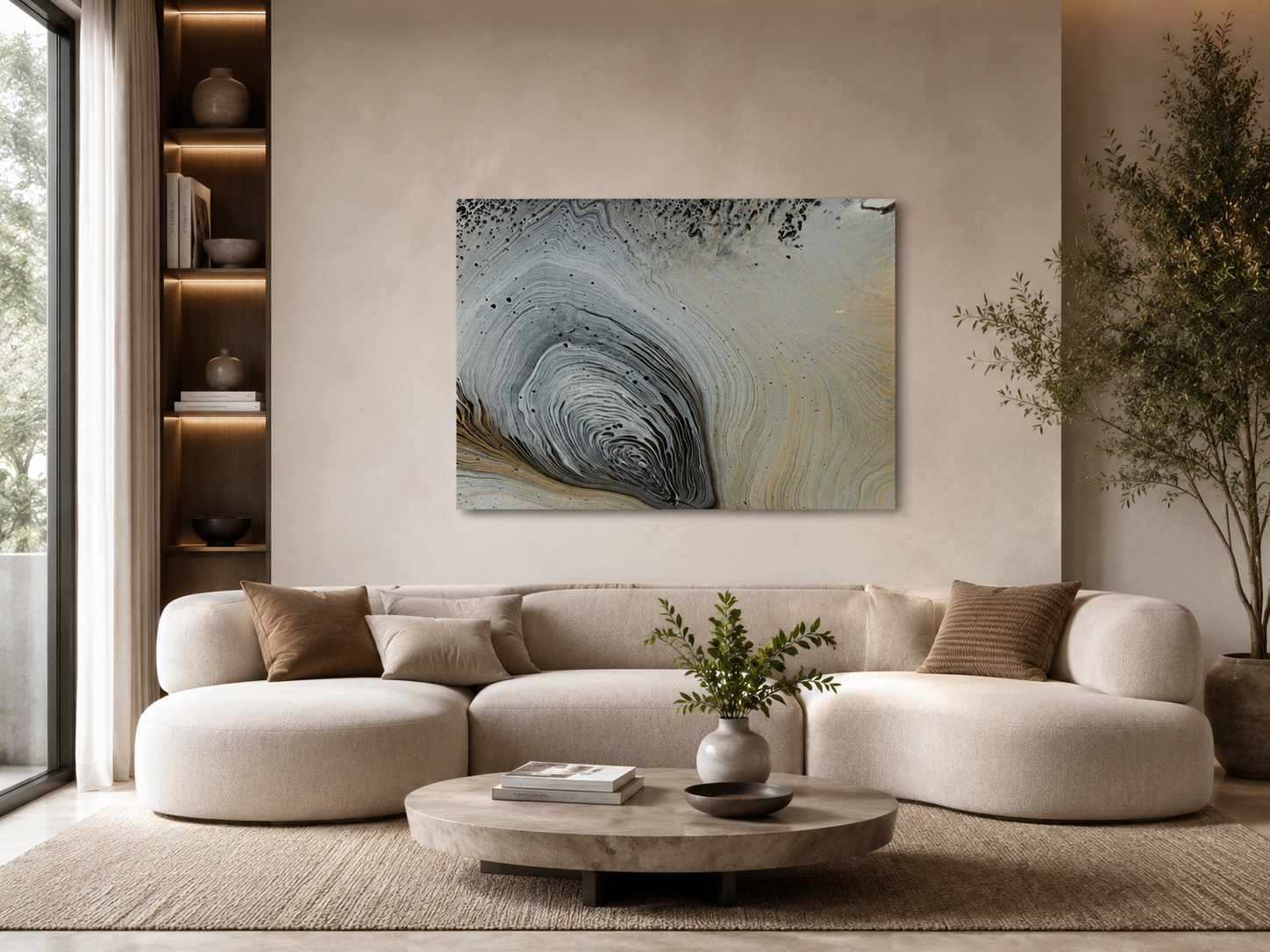 REF. 026, obra apaisada de tonos grises sobre un sofá en un salón luminoso