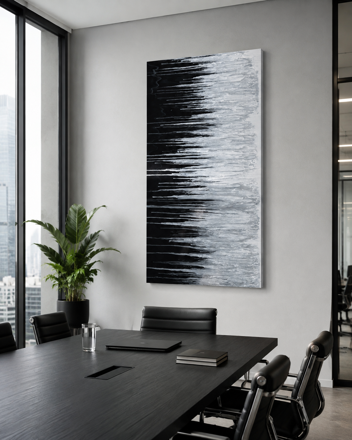 REF. 041, obra vertical en blanco y negro en una sala de reuniones