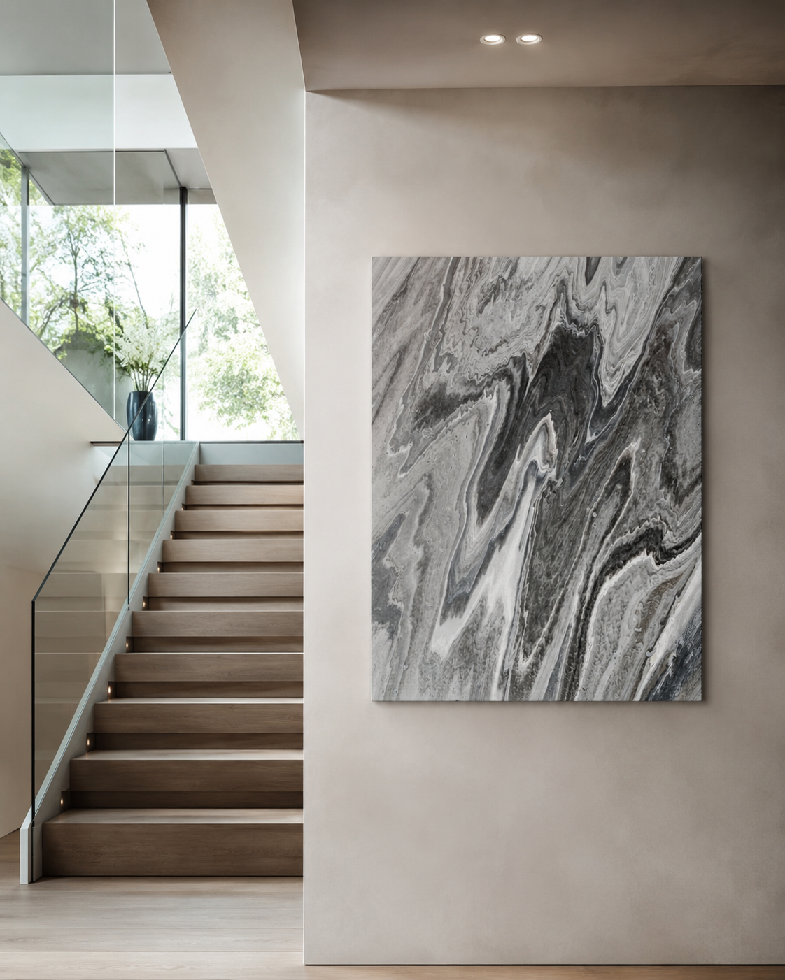 REF. 083, gran formato de vetas grises junto a una escalera