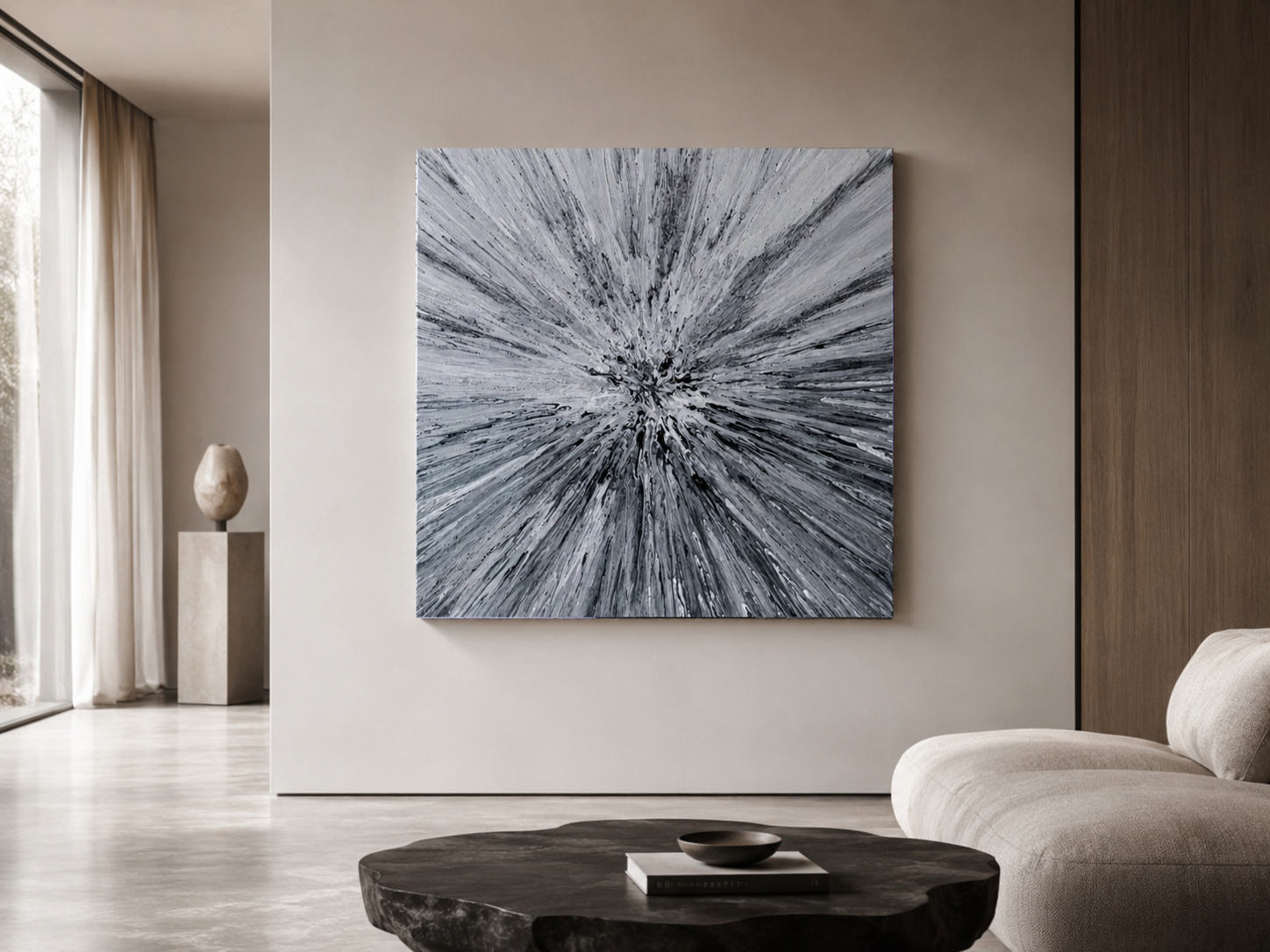 REF. 006, obra monocroma de gran formato en un salón contemporáneo